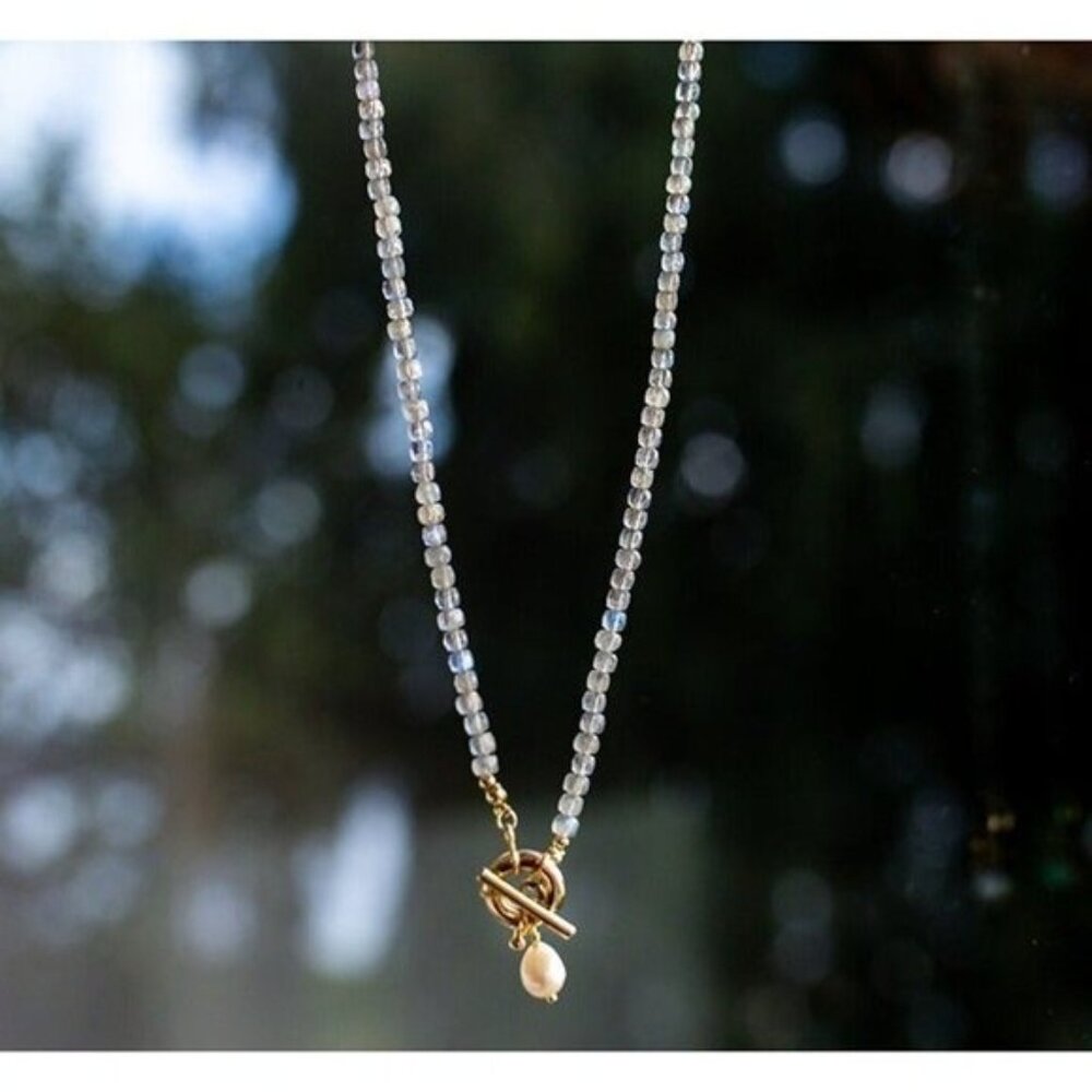 Labradorite Beaded Necklace Gold Toggle Clasp Pearl Pendant Waterproof Jewelry - Picture 9 of 13
